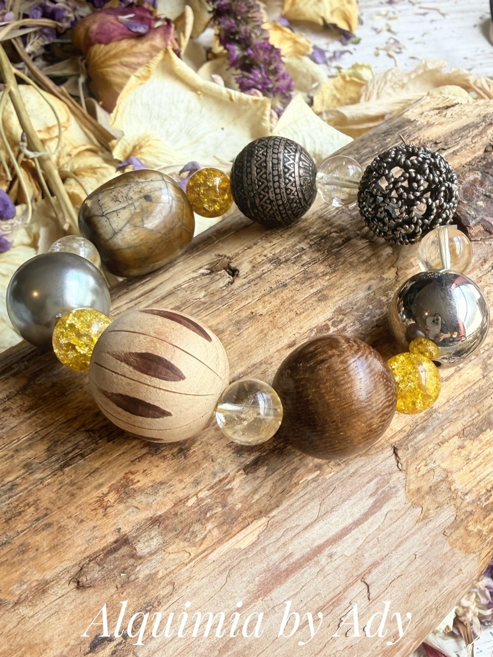 BRUTALIST citrine and yellow quartz Charcoal Mixed-Bead Stretch Bracelet